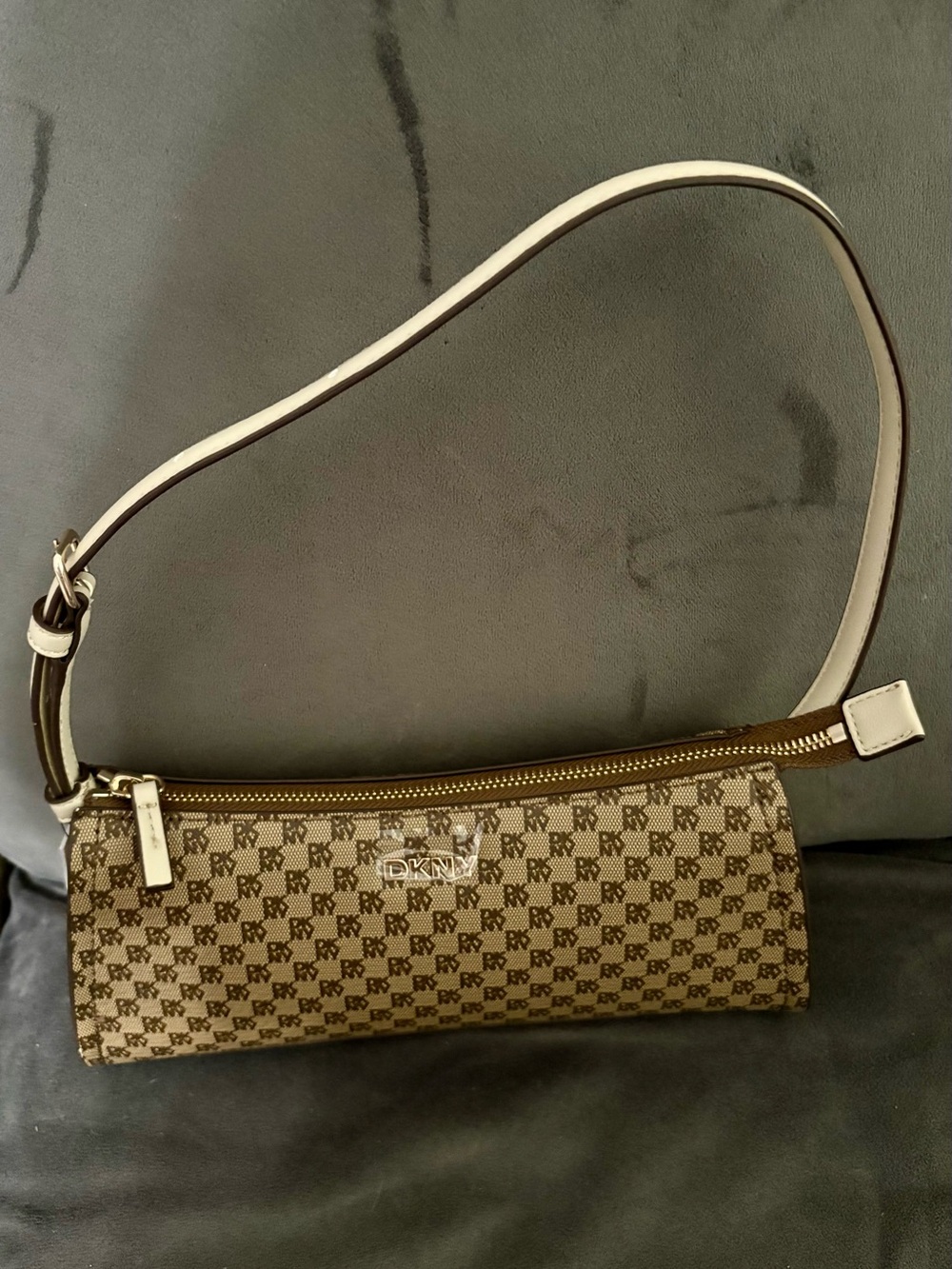 DKNY Brown Monogram Logo Shoulder Bag with Cream Trim